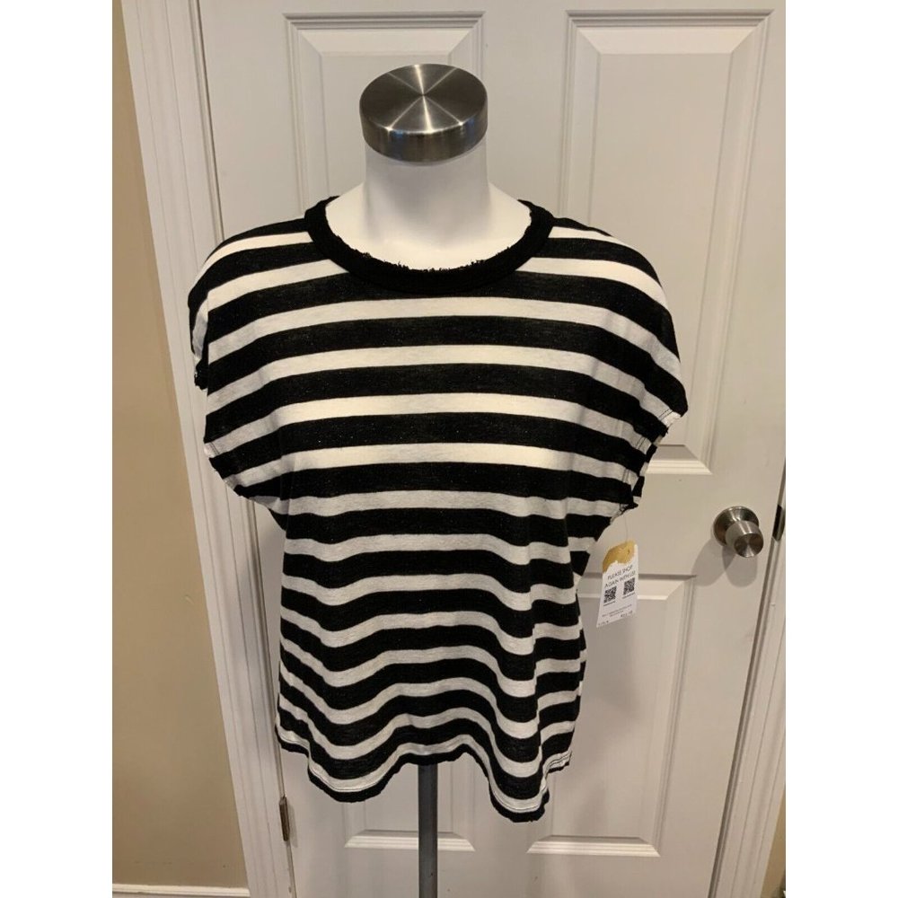 R+A Shimmering Black & White Striped Short Sleeve T-Shirt, Size XS